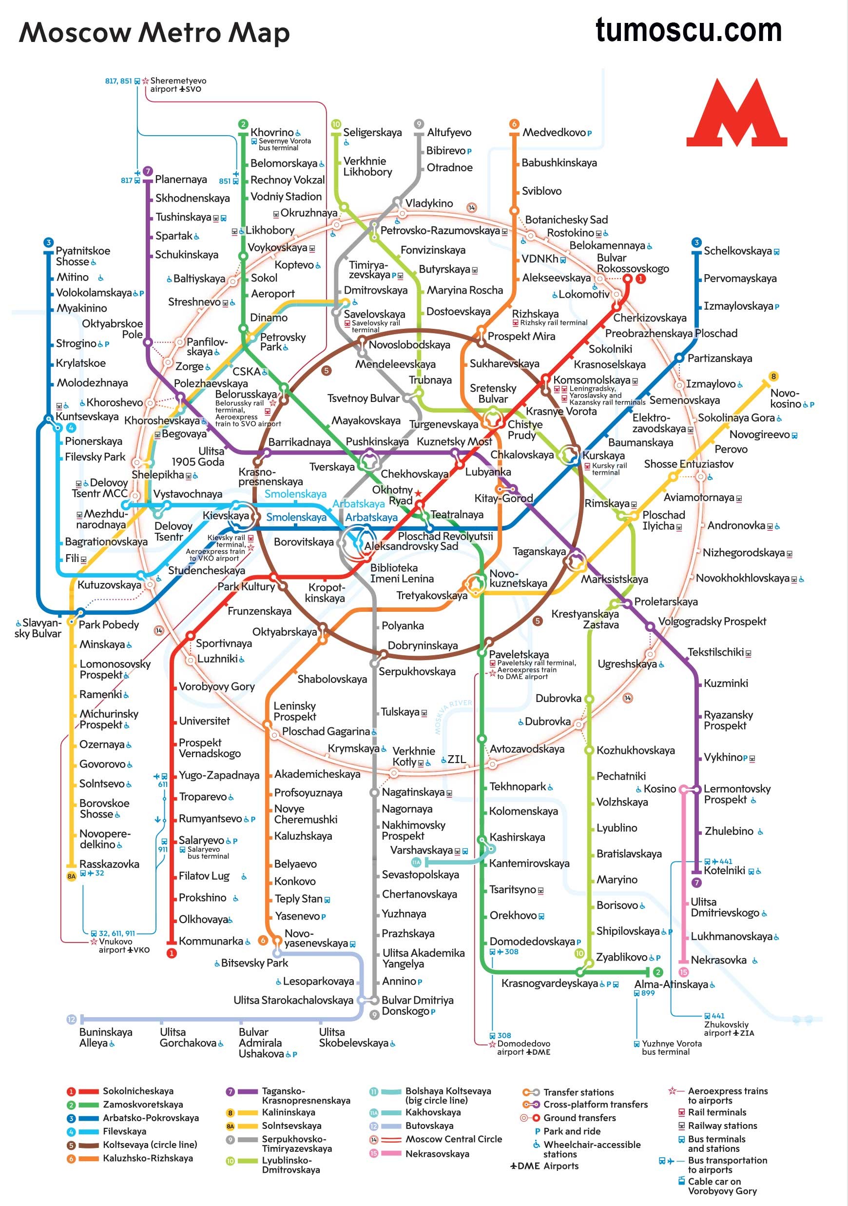 Mapa (plano) del metro de Moscú en español para imprimir, letras latinas