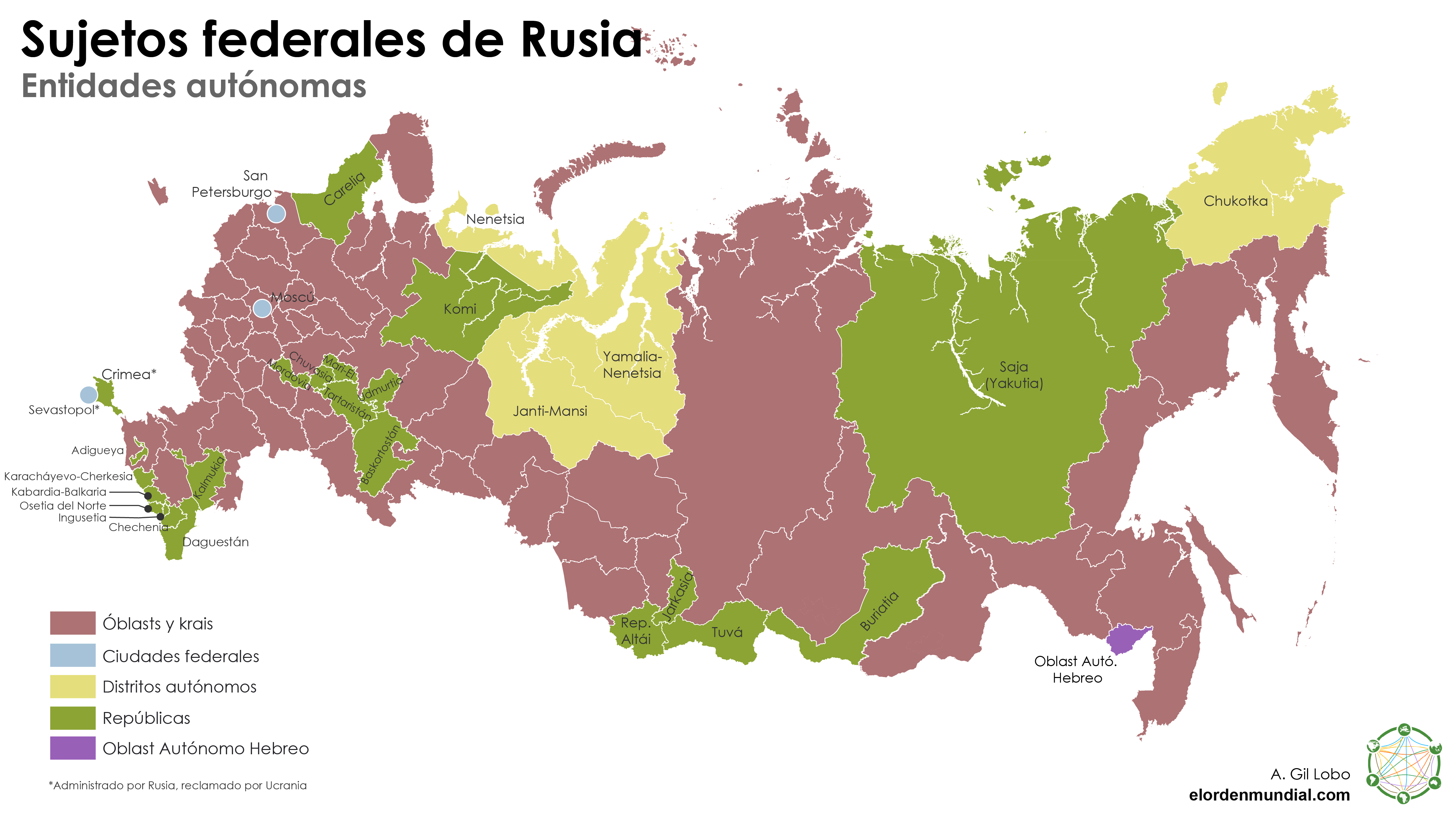 Mapa politico de Rusia actual en español. División territorial de la Federación Rusa. Historia 