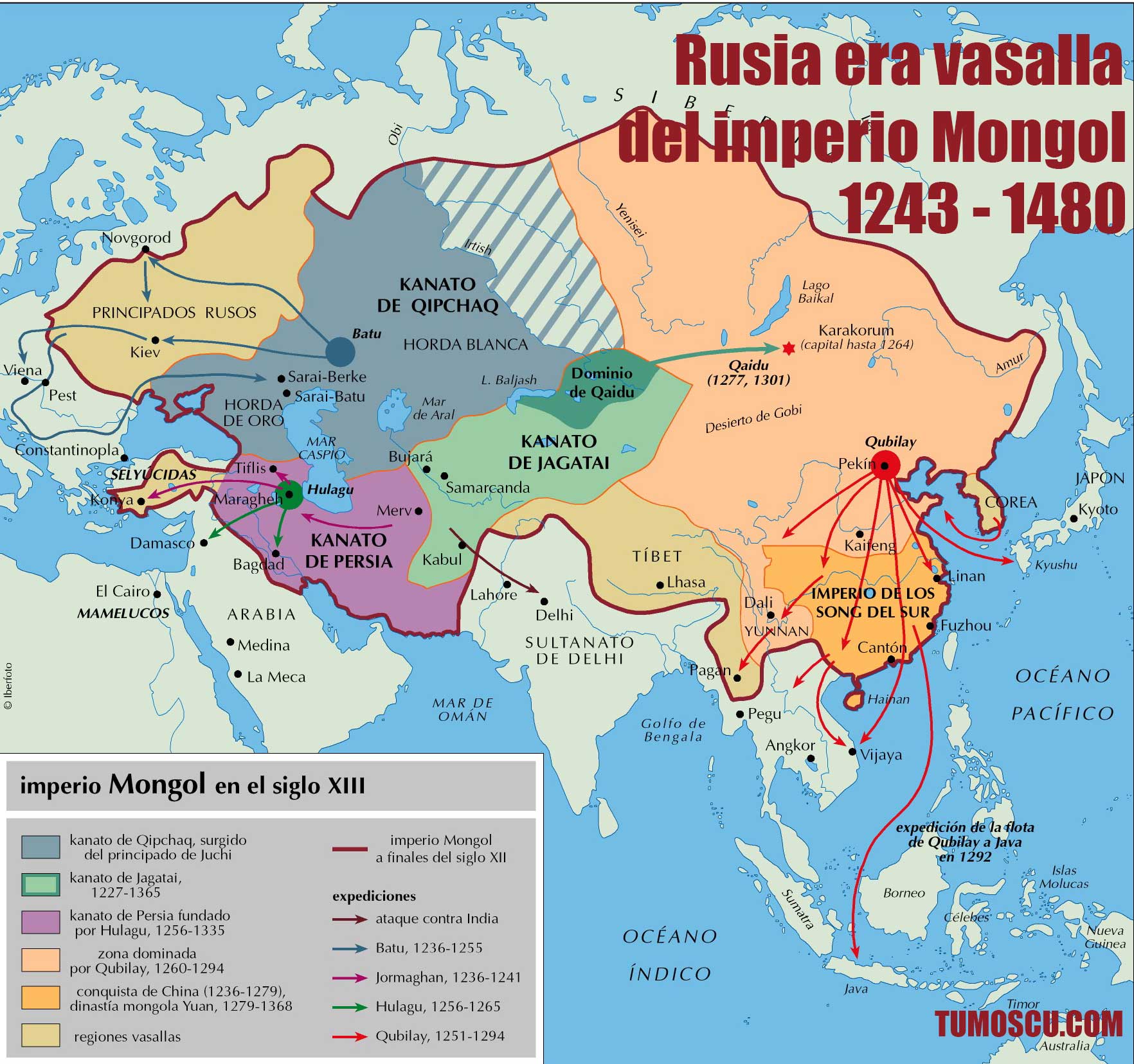 Historia de Rusia. Mapa antiguo. Dominio del Imperio mongol