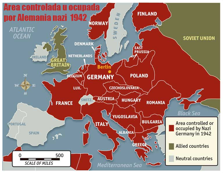 Segunda Guerra Mundial, mapa de Europa 1942. Paises aliados y ejes. URSS