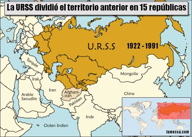 URSS mapa político. División en 15 repúblicas del territorio anterior de la Revolución